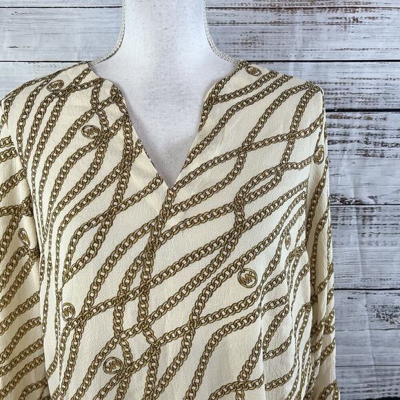 Michael Kors Blouse Tunic sz Small Tan Gold Chains Stretch Modest Career Wedding - Picture 2 of 9